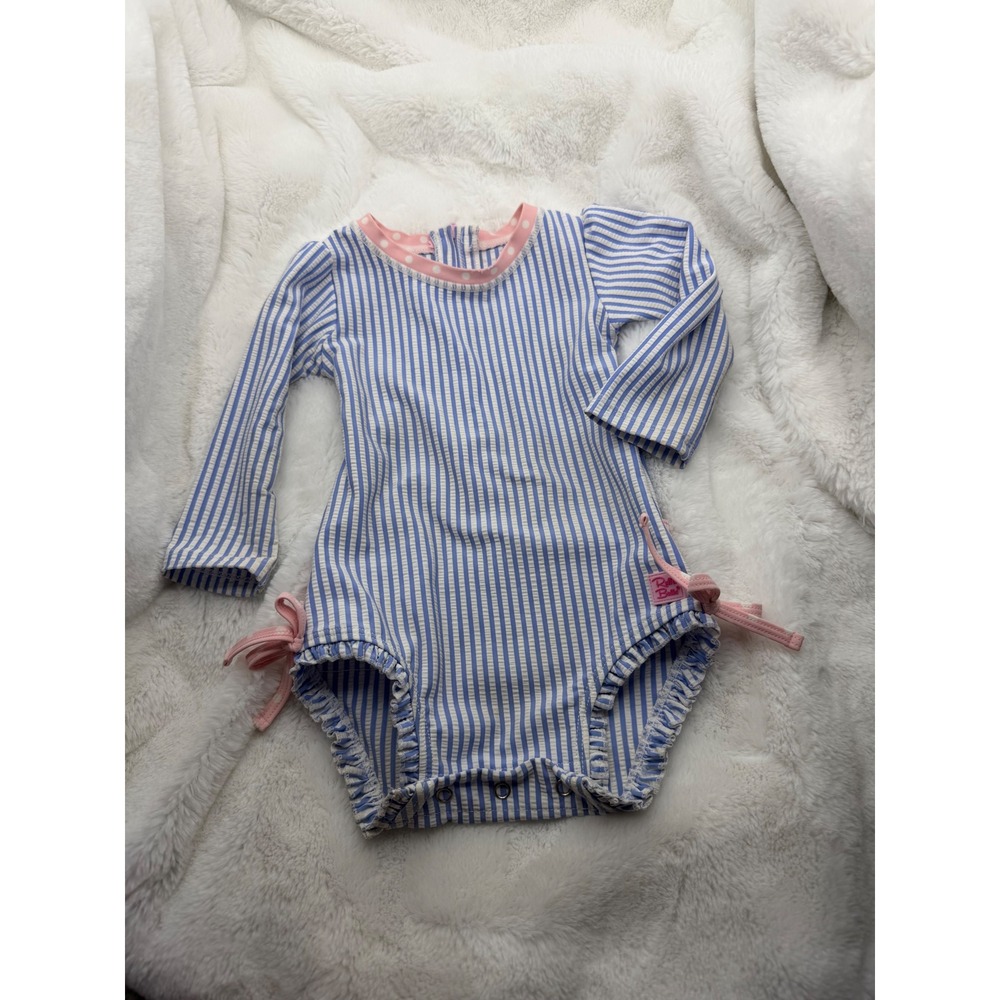 RuffleButts Girls Blue Seersucker Stripe Long Sleeve Rash Guard Swimsuit 12-18M